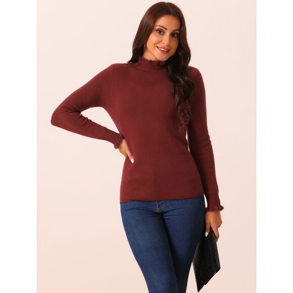 Fall Winter Fluffy Lined Long Sleeve Ribbed Knit Slim Fit Casual Top Wine Red - Picture 3 of 5